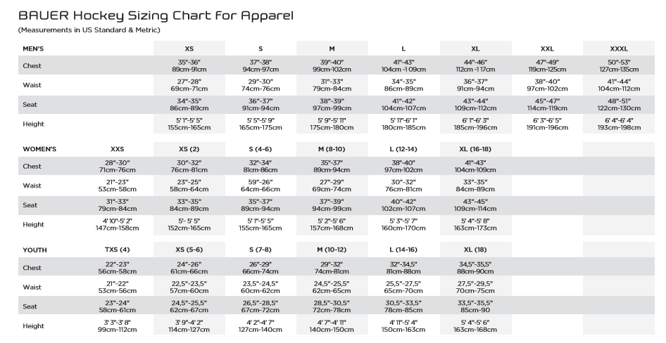 bauer tracksuit sizing